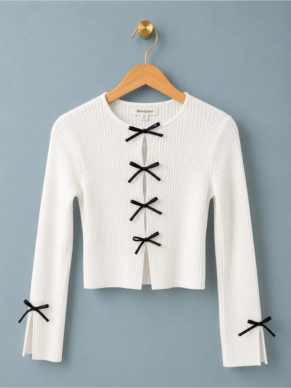 Rewind White Ribbed Bow Front Cardigan Sweater Size M